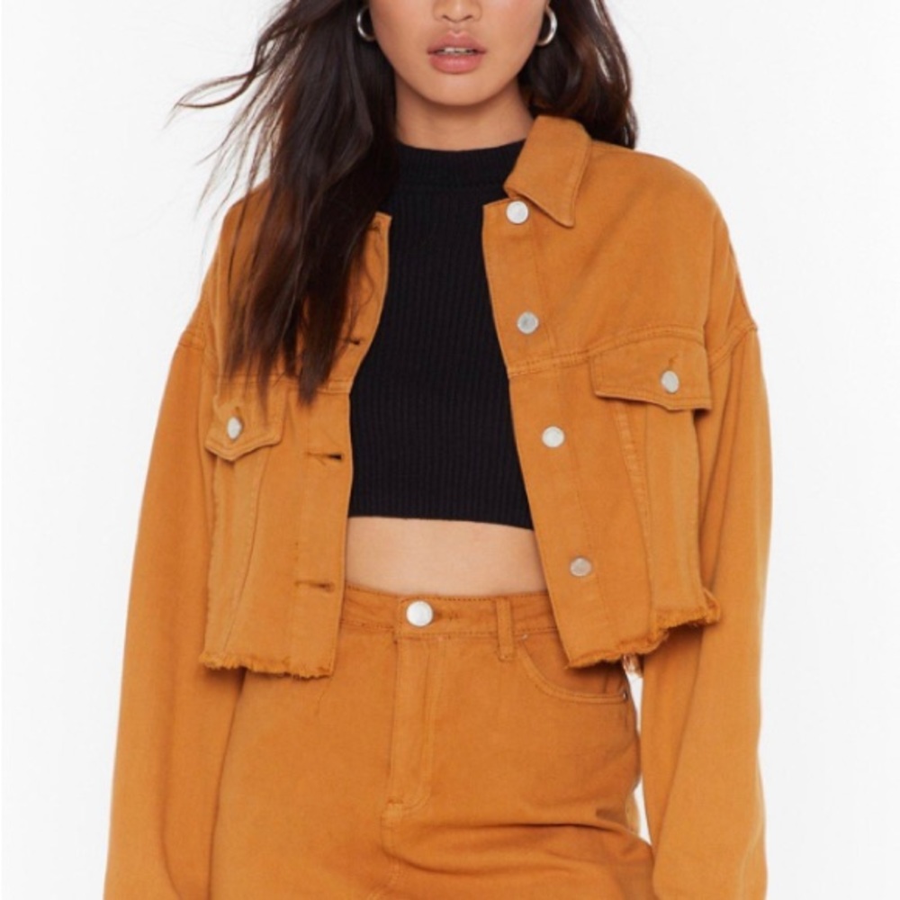 Distressed Cropped Denim Jacket In Mustard